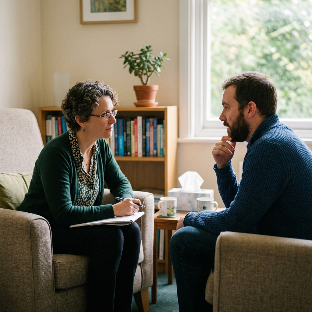 Therapist consulting a man in a comfortable office setting