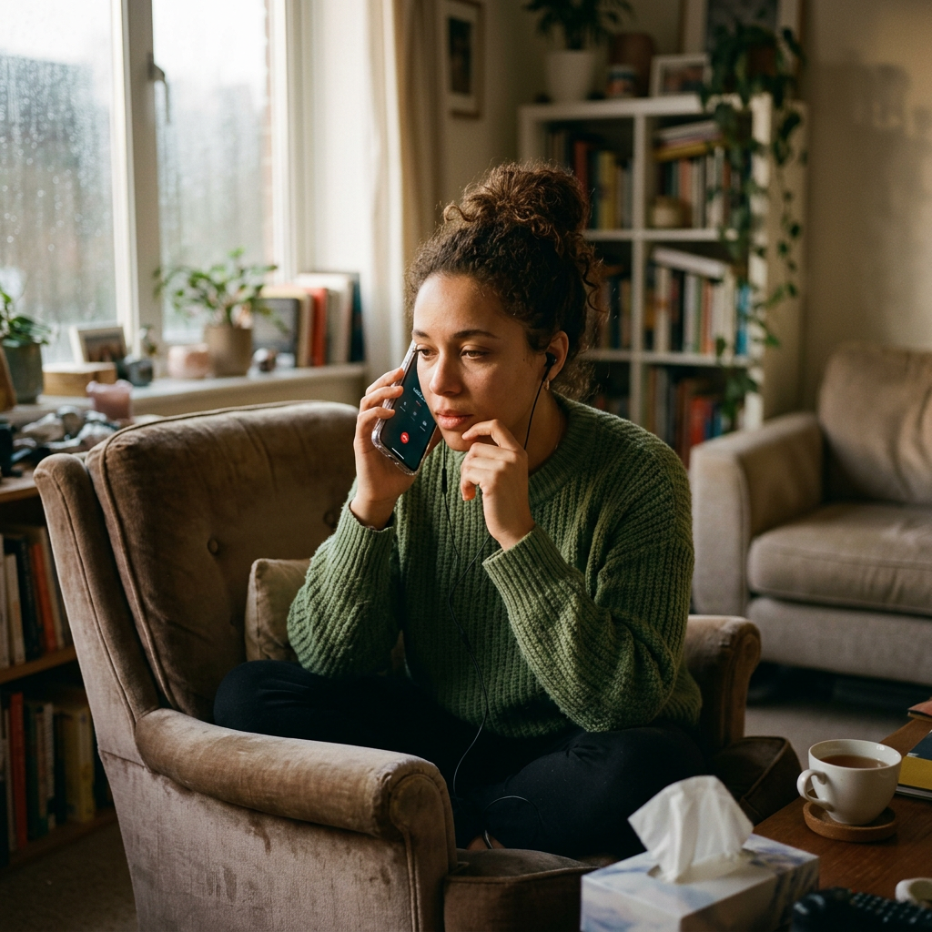 A woman in a green sweater sitting cross-legged on an armchair, talking on a phone with earphones.