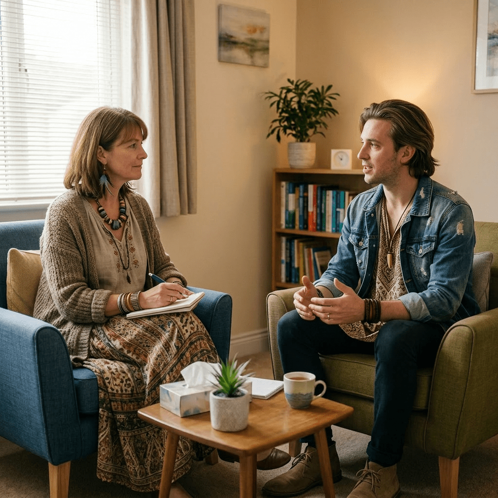 A woman taking notes while a man talks in a therapy session