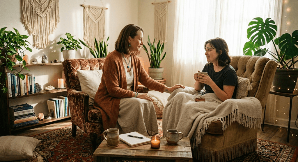 Two women sitting in armchairs having a comforting conversation with warm beverages